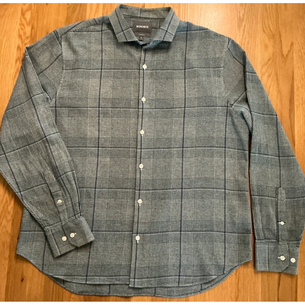 Bonobos Mens XL Standard Fit Glen Plaid Shirt Blue 100% Cotton Long Sleeve